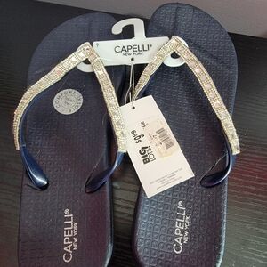 Capelli of New York Navy Sandals with Rhinestone Straps